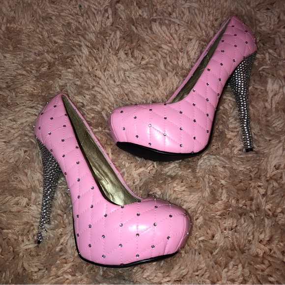 Hand Painted & Hand Studded Pink Quilted Rhinestone Heels - Picture 3 of 8